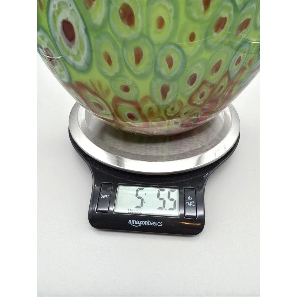 VTG DS Studio Green Peacock Eye Murrine Glass Vase Millefiori Murano Style 12.5
